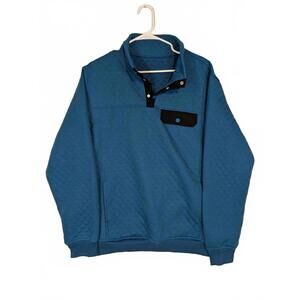 Mens Quilted Pullover Sweatshirt Snap Neck Pocket Blue Large Lightweight
